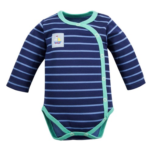 Kinder-Wickelbody mit Umschlagausschnitt, gestreift, mit grüner Paspelierung