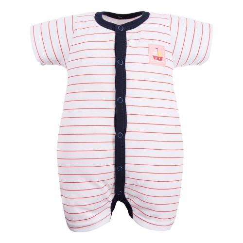 Weißer Kurzarmstrampler mit roten Streifen und rosa Aufnäher