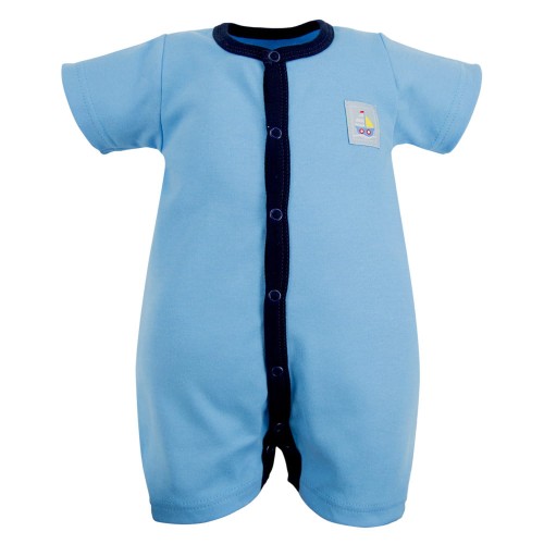 Blauer Baby-Kurzarmstrampler mit dunkelblauen Paspeln