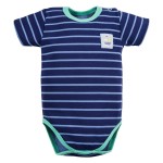 Dunkelblauer Babybody mit Streifen und grüner Paspelierung