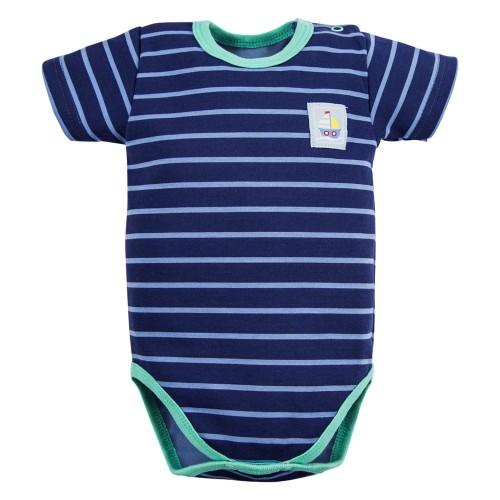 Dunkelblauer Babybody mit Streifen und grüner Paspelierung