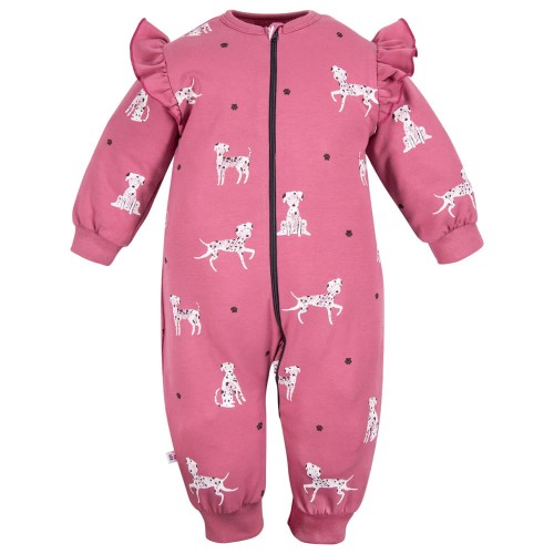 Baby-Strampler ohne Füße mit Hunde-Motiv in Dunkelrosa-Beere