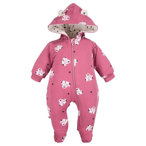 Kinder-Overall mit Kapuze in Beerenfarbe mit Hunde-Motiv