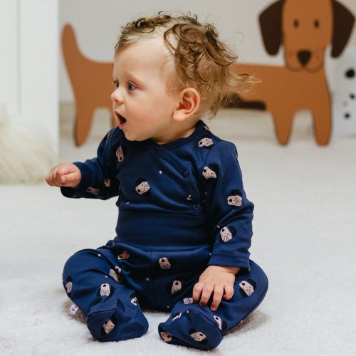 Wickelbody mit Umschlagausschnitt und Hundemotiv in Dunkelblau