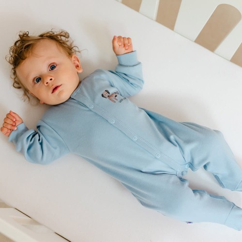 Blauer Baby-Strampler mit Hundemotiv