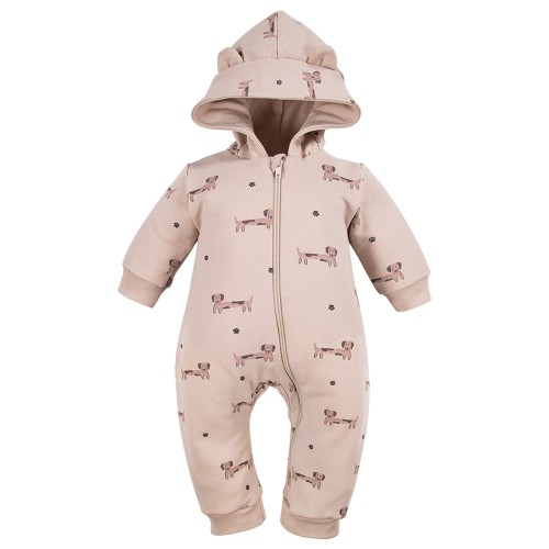 Beige Overall ohne Füße mit Hunde-Motiv