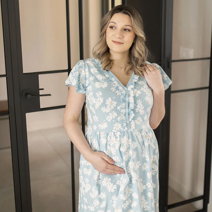 Blaues Umstandsnachthemd mit Margeriten LINDA