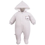 Beigefarbener Babyoverall mit Kapuze und Teddybär