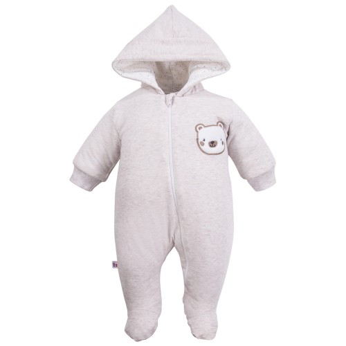 Beigefarbener Babyoverall mit Kapuze und Teddybär