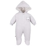 Grauer Babyoverall mit Kapuze, Teddybär und Schleifen