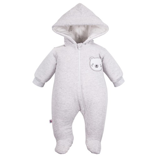 Grauer Babyoverall mit Kapuze und Teddybär/Sternen