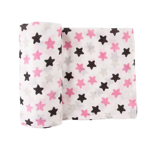 Bambuswickeltuch weiß mit rosa und schwarzen Sternen 120 x 120